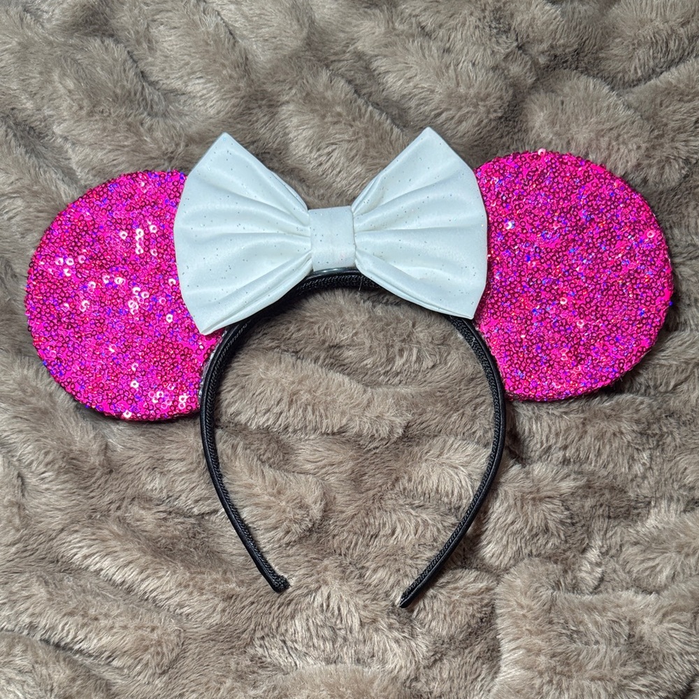 Pink Sequin Mouse Ears Headband with White Bow